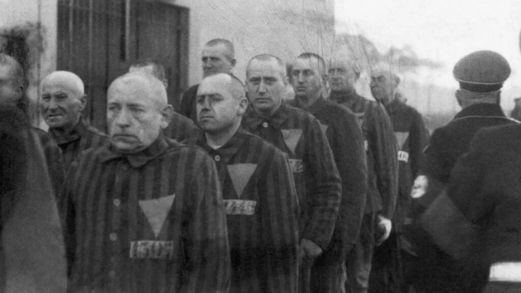 Homosexual prisoners at the concentration camp wearing pink triangles on their uniforms hence promoting sexism